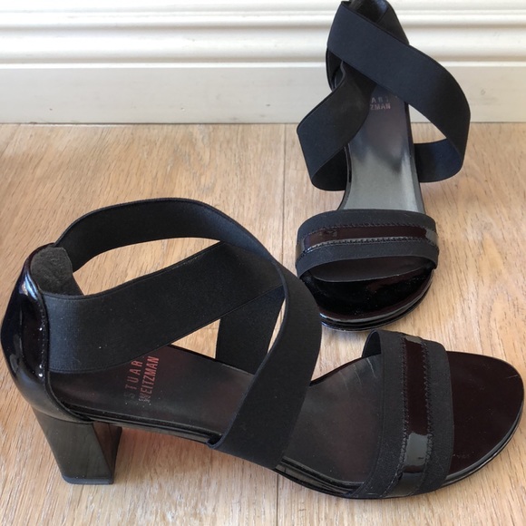 Stuart Weitzman stretch strap, open toe 2 inch heel patent heel. - Picture 2 of 3